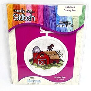 DIY Red Country Barn #998-5049 Counted Cross Stitch Janlynn Round Frame Picture